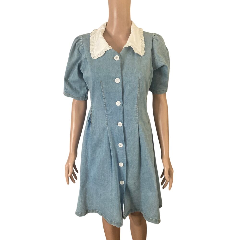 Vintage Denim Dress Womens Small Puff Sleeve Button Front Cottagecore Blue - Picture 2 of 8